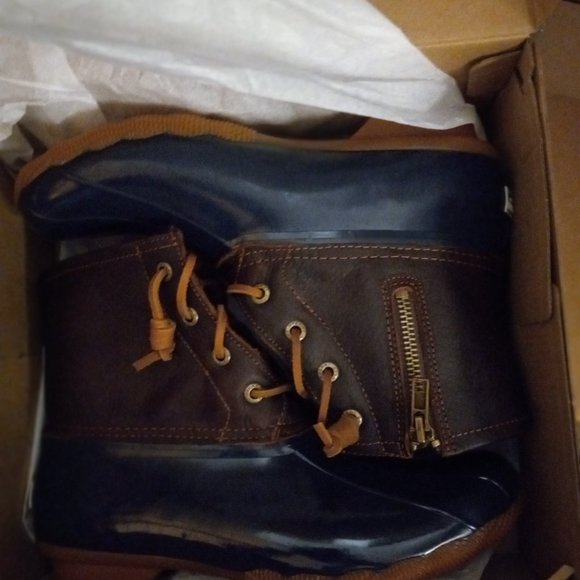 SPERRY Top Sider Saltwater Duck Waterproof Boots 91175 Navy+ Brown Leather 7.5 - Picture 9 of 14
